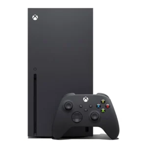 A black xbox series x next to a controller.