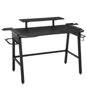 A black desk with two shelves and a metal frame.