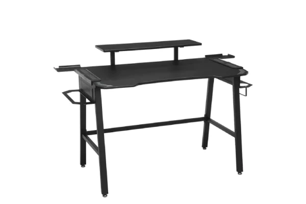 A black desk with two shelves and a metal frame.