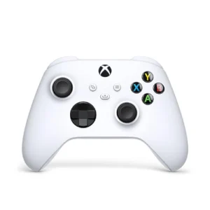 A white controller with black buttons on it.