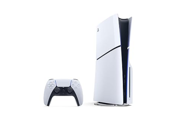 A white sony playstation 5 next to a controller.