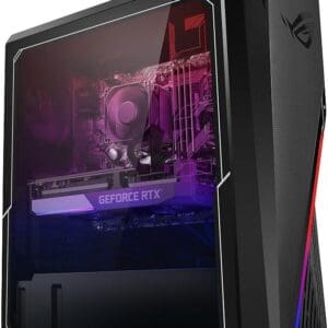 A black and red computer case with some purple lights