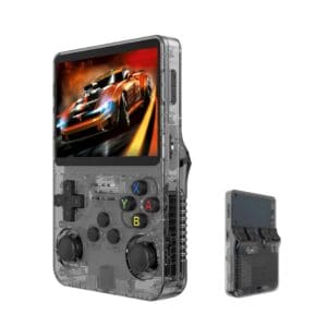 A game console with a large screen and two batteries.